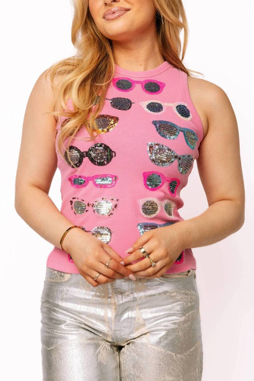 NEW QUEEN OF SPARKLES sunglass sleeveless tank top in pink